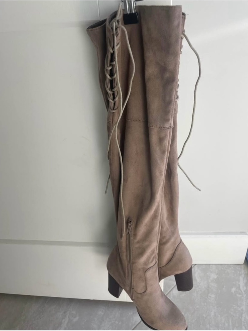 Taupe Lace-Up Over-The-Knee Block Heel Boots